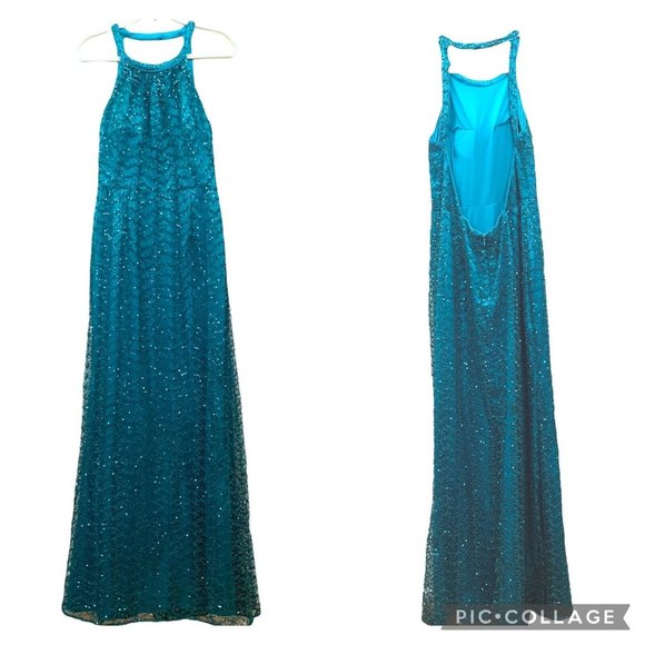 Adrianna Papell Collection Sequins Halter Neck Gown 14 Open Back Turquoise - Picture 1 of 12